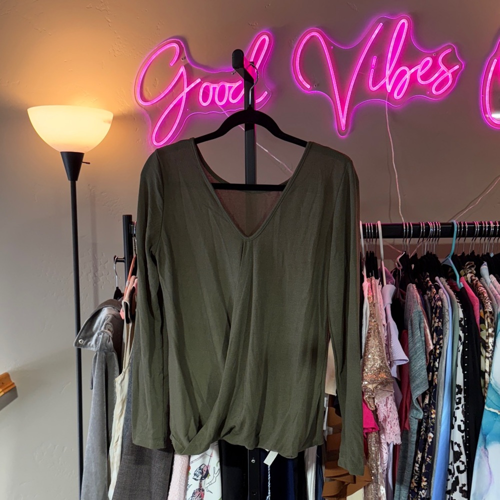 Chic Olive V-Neck Blouse Reversible